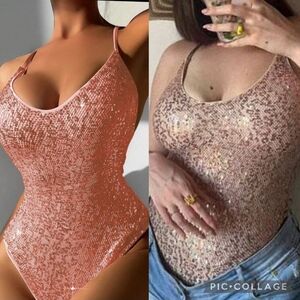 💎Set of 2 Sequin One Piece Swimsuit Bachelorette Wedding Rose Pink Champagne L